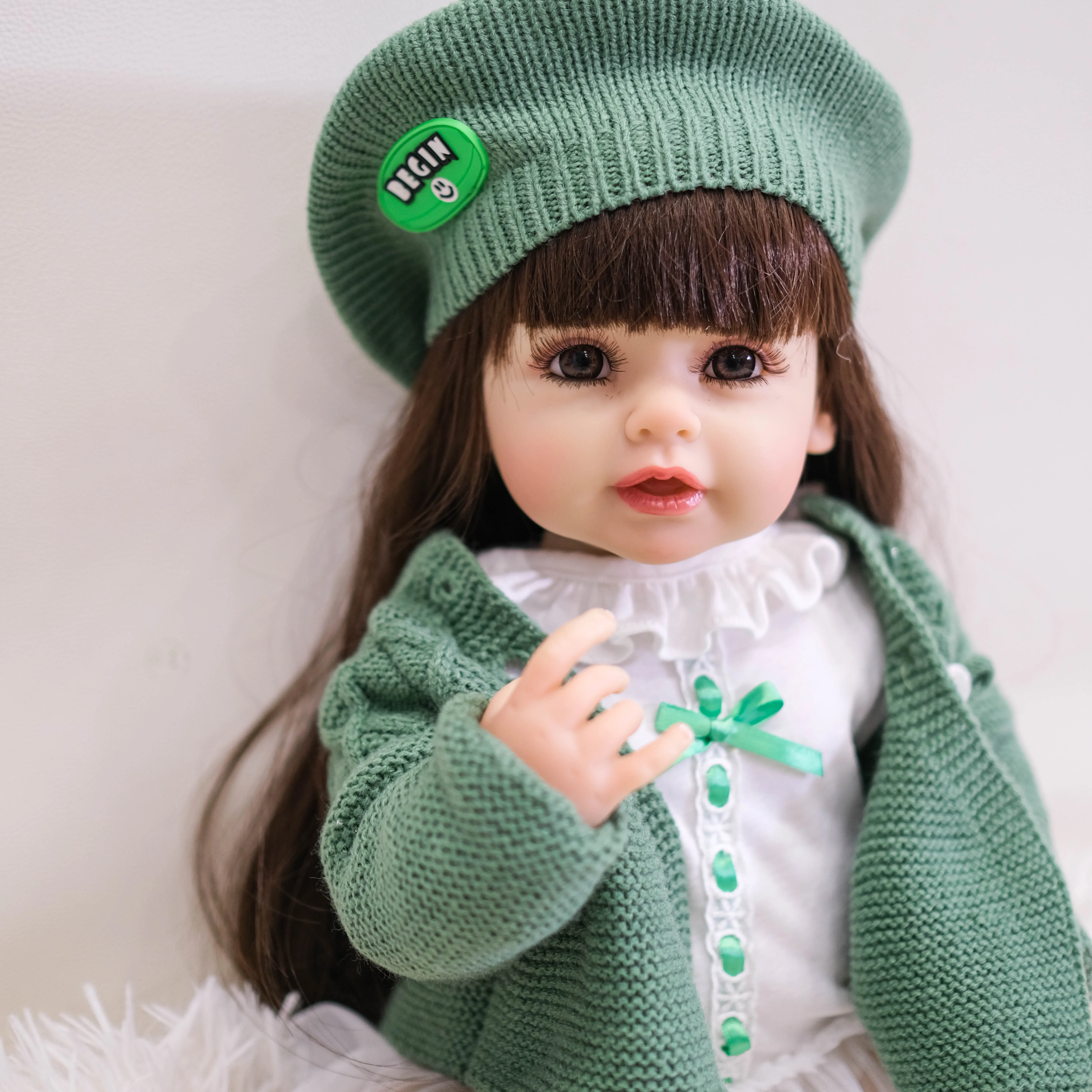 

NPK 22inch Full body Soft Vinyl Reborn Toddler Girl With Green Cloth lifelike Baby Doll Christmas Gift