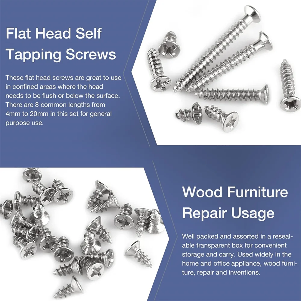 800Pcs M2 Cross Flat Head Screws, 4mm-20mm Plated Carbon Steel Flat Head Screws Self Tapping Screws Wood Screws Assortment Kit