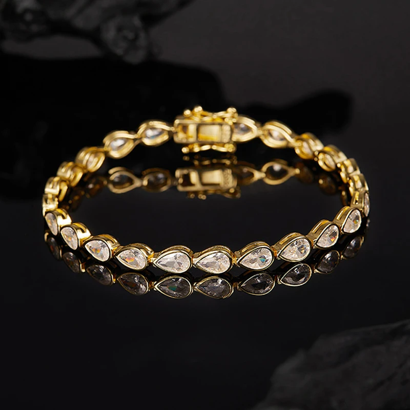 Smyoue مطلي 18K الكمثرى قطع الزركون مويسانيتي سوار للتنس للنساء الرجال 4*6 مللي متر الأحجار الكريمة الفاخرة سلسلة الزفاف النقي S925 الفضة