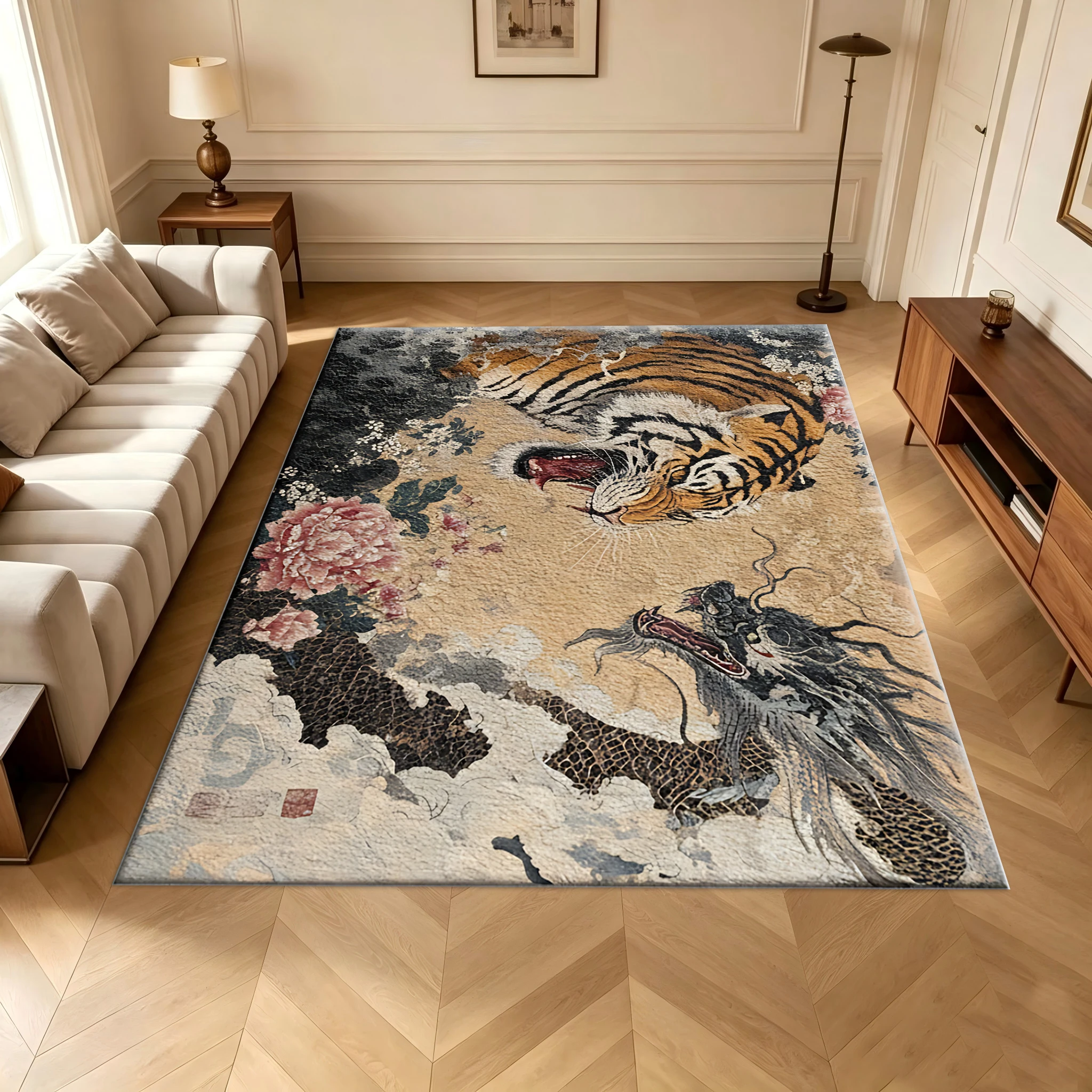 Dragon and Tiger Peony Print Carpet Traditional Asian Animal Pattern Floor Mat Home Carpet