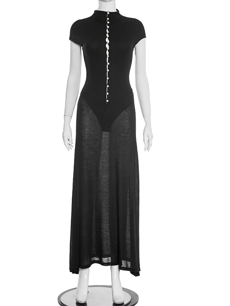 JULISSA MO Turtleneck Sexy Hollow Out Pearl Button Women Maxi Dress Short Sleeve Sheer Dress Skinny Elegant Party Evening Dress