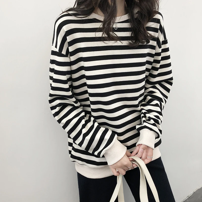 korean Boyfriend Oversized casual Hoodies Women harajuku Street Vintage Striped Patchwork Sweatshirts O-neck Pullovers thin Tops