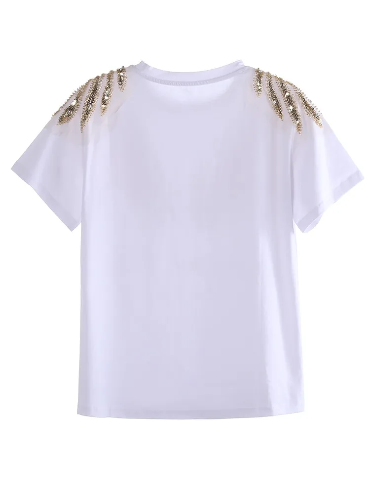 Women Tops Spring Summer New Fashion Diamonds Sequined Shirts Short Sleeve Loose Casual Shinny Party White  Black  Tops Blusas