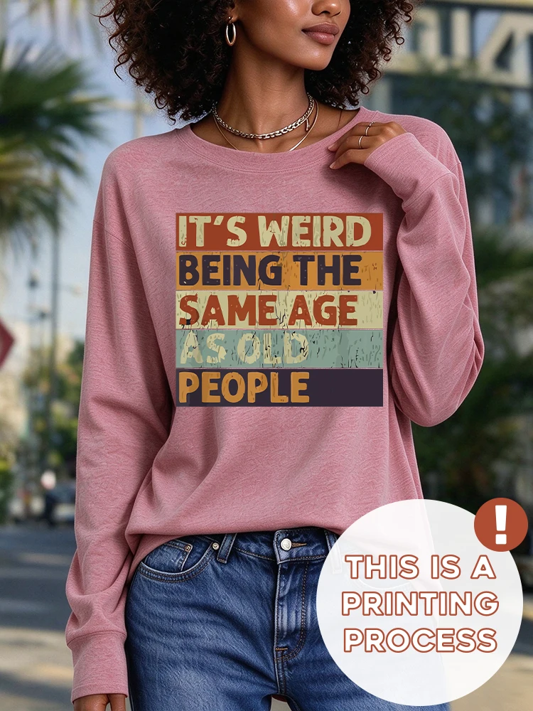 Vintage Distressed Print Women Crew Neck Long Sleeve Graphic T-Shirt, Funny Quote 