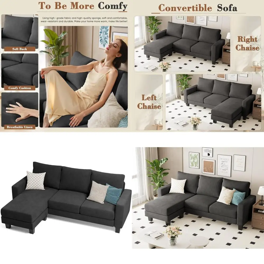

3-Seat L-Shaped Sofa with Convertible Chaise, Comfortable Fabric, Ideal for Small Spaces, Dark Gray