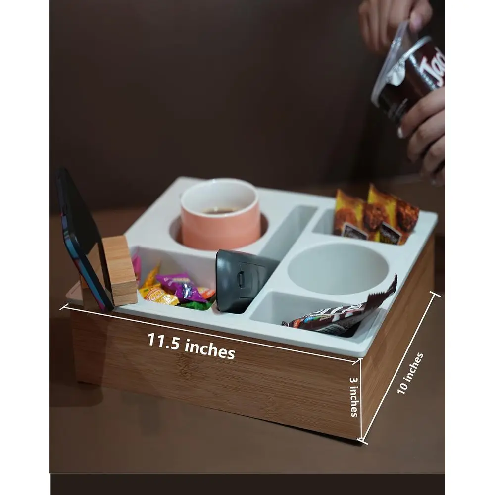 Gray Silicone Bamboo Couch Caddy with Rotatable Phone Holder, Waterproof Sofa Tray for Snacks, Beverages, and Remote Control