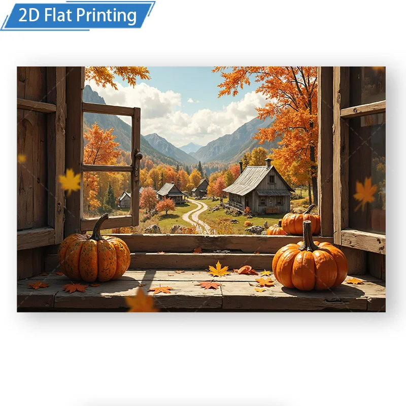 [2D شقة] 1 قطعة 4x16 بوصة علامة معدنية الخريف كوخ نافذة عرض اليقطين سقوط المشهد المعادن جدار ديكور فني