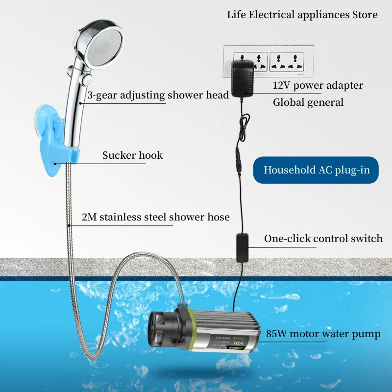 Ducha portátil Máquina de baño de viaje Equipo de baño móvil de camping de vacaciones Cabeza de ducha de ajuste 3-Gear Adaptador de corriente