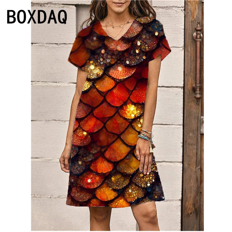 

3D Colorful Fish Scale Pattern Printed Dress Women Short Sleeve V-Neck A-Line Knee-length Dress Plus Size 6XL Female Dress