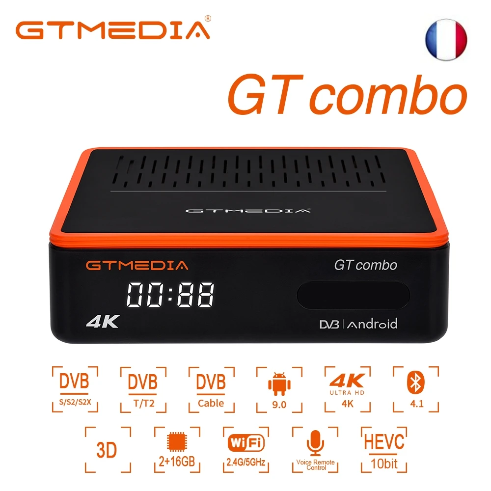 

GTMEDIA GT Combo 4K 8K Android 9.0 Smart TV BOX 2GB RAM + 16GB DVB-S2 T2 Cable Satellite Receiver support m3u stock in France