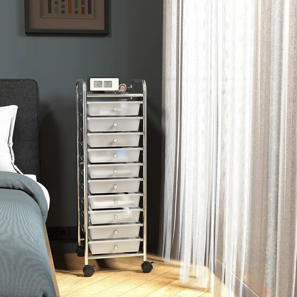 รถเข็นเก็บของแบบมีล้อ 10 ลิ้นชัก พร้อมล้อล็อคได้ สำหรับจัดระเบียบงานศิลปะและงานฝีมือ สีโครเมียม