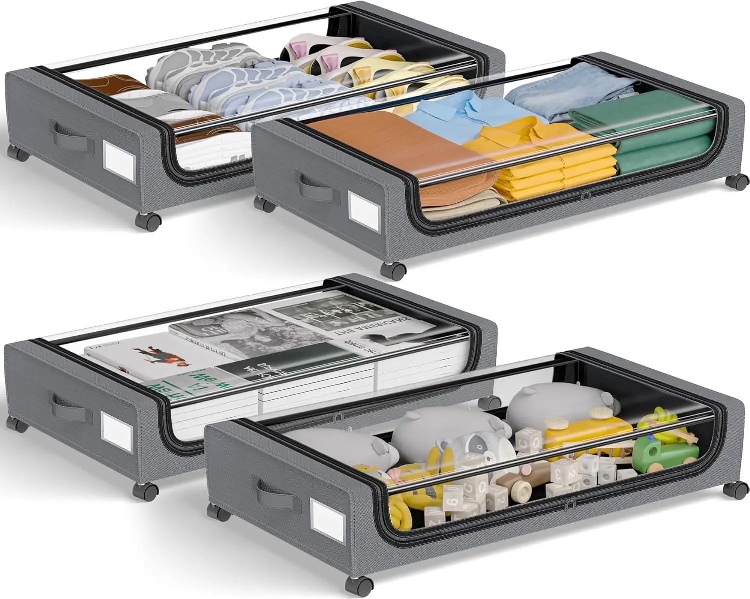 

Under Bed Storage with Wheels: XXL Rolling Bins for Shoes Clothes, Easy Pull-out Grey 4-Pack