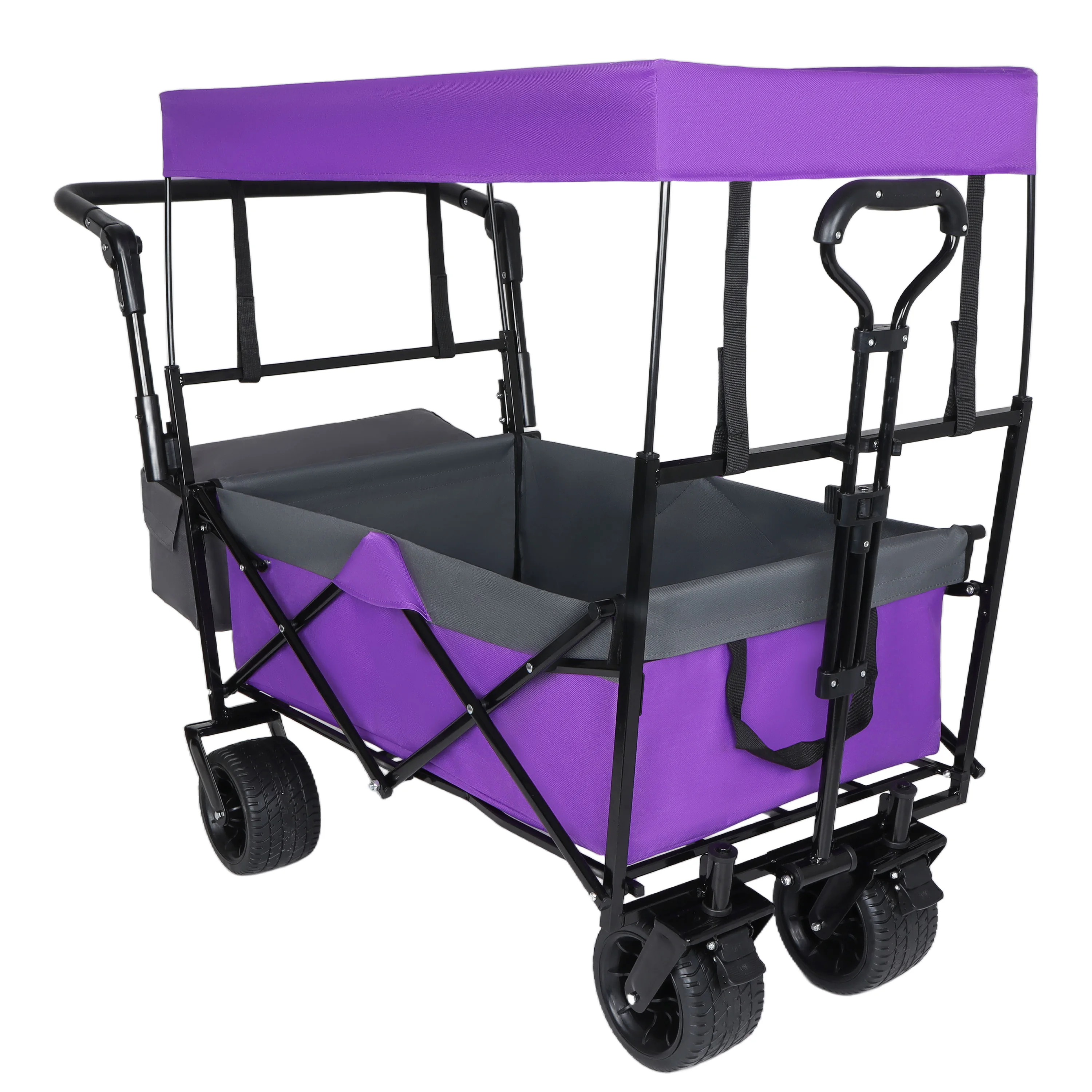 With Push Handle, 480Lbs Collapsible Wagon With Canopy, Wagon Cart With 7' All-Terrain Wheels, Lightweight Foldable Wagon, Large Capacity for Camping, Shopping, Sports, and Garden Use, Purple