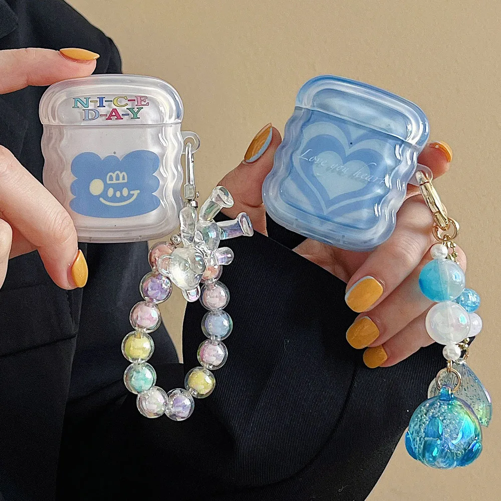 Прозрачный волнистый мягкий чехол для наушников Airpods Pro 1 2 3 Box с синим сердцем и улыбкой, милый медведь, подвеска