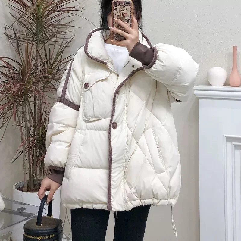 Women\'s Thick Down Jacket, Loose Warm Puffer Coats, Patchwork, Trendy, High Street, Short, Outerwears, Winter