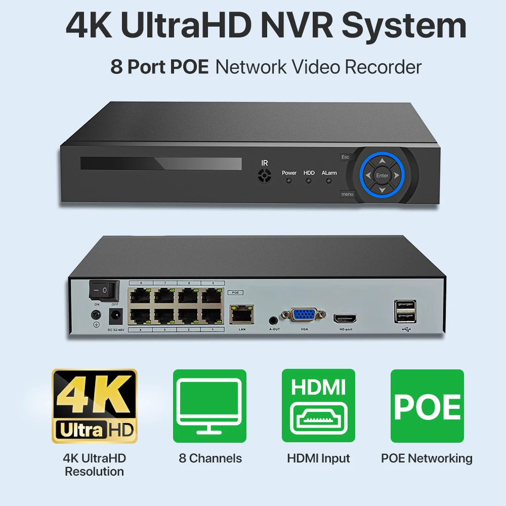 POE 8CH NVR 3MP 4CH Onvif Security Network H.265X Recorder Audio For Automatic Tracking PTZ 5MP Camera Support 2.5'' HDD