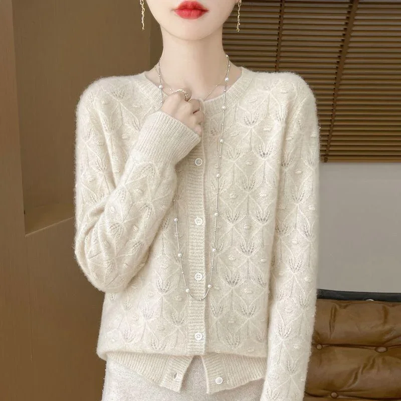 2026 Autumn Winter New Jumper Women's Knit Cardigans Sweaters Warm Soft Round Neck Hollowed Out Long Sleeve Elegant Luxury Coat