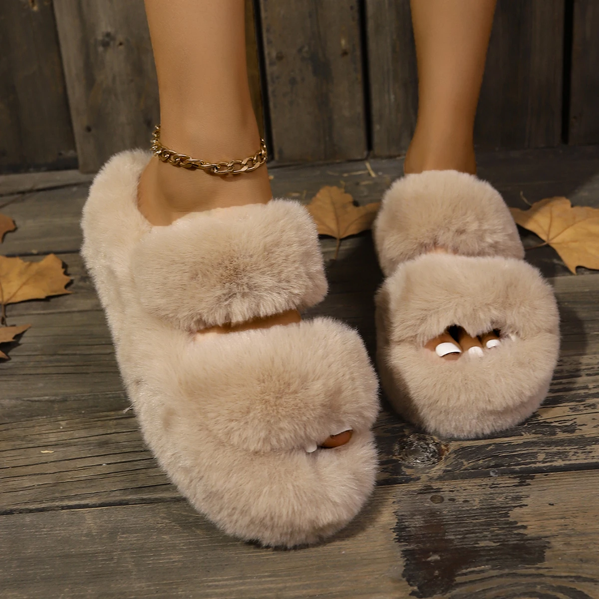 Fluffy Faux Fur Plush Slippers Fashion Design Women Home Slippers Indoor Open Toe Flat Non-slip Leisure Large Size Female Slides