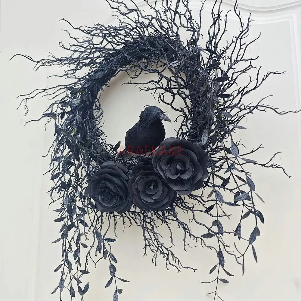 1pcs Halloween Decoration Crow Wreath Black Branches Halloween Flower Garland Wall Window Door Hangings Ornament Party Suppies