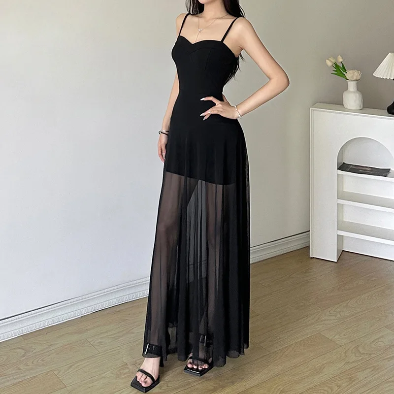 Summer Y2k Aesthetic Patchwork Gauze Women Dress Harajuku Black Tube Dresses Slim Waist Tunic Fairy See Through Vestido De Mujer