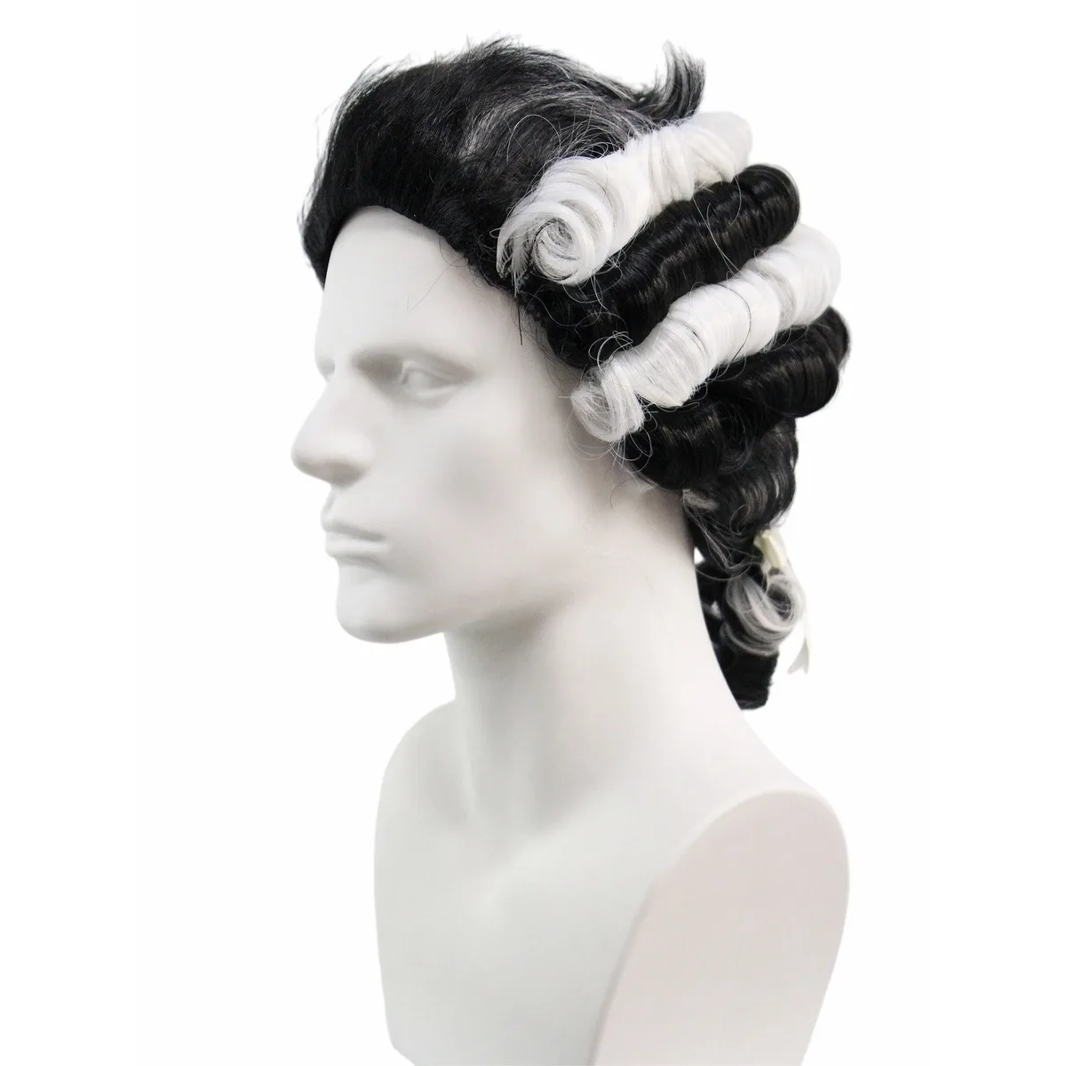 Black and White Colonial Judge Wig, Curly Synthetic Hair with Ponytail for Halloween and Historical Cosplay view 4