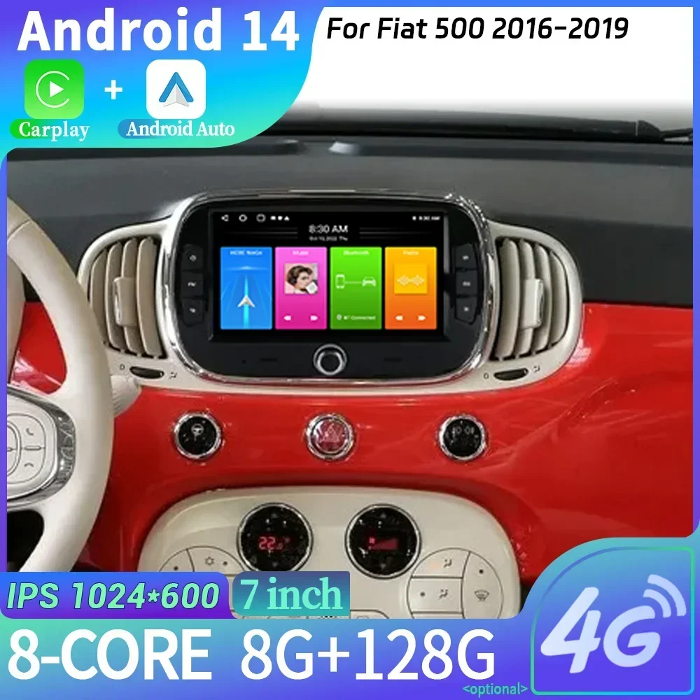 For Fiat 500 2016-2019 Wireless Android 13 Carplay 4G Multimedia Car Radio 2 Din Screen WIFI GPS