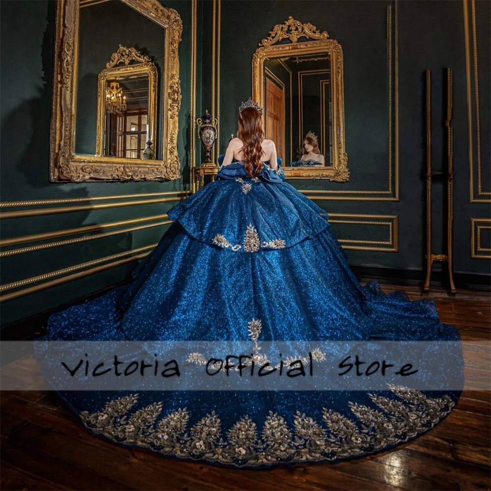 Amazing Dark Blue Princess Quinceanera Dresses 2025 Beads Ruffles Gold Applique Ball Gown Mexican vestidos de 15 años Customized