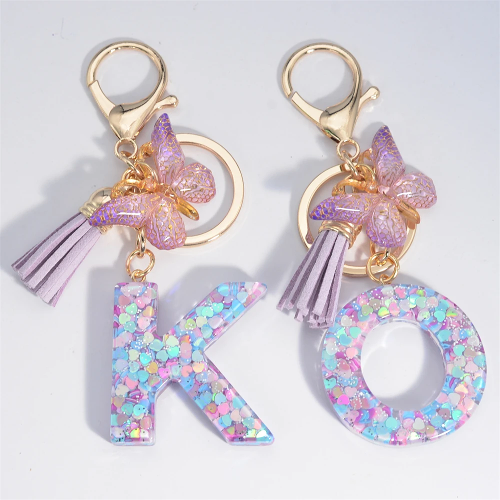 A-Z Dreamy Sequin Letters Keychain for Women Tassel Butterfly Pendant Initial Keyring Purse Suspension Bags Charms Car Key Chain