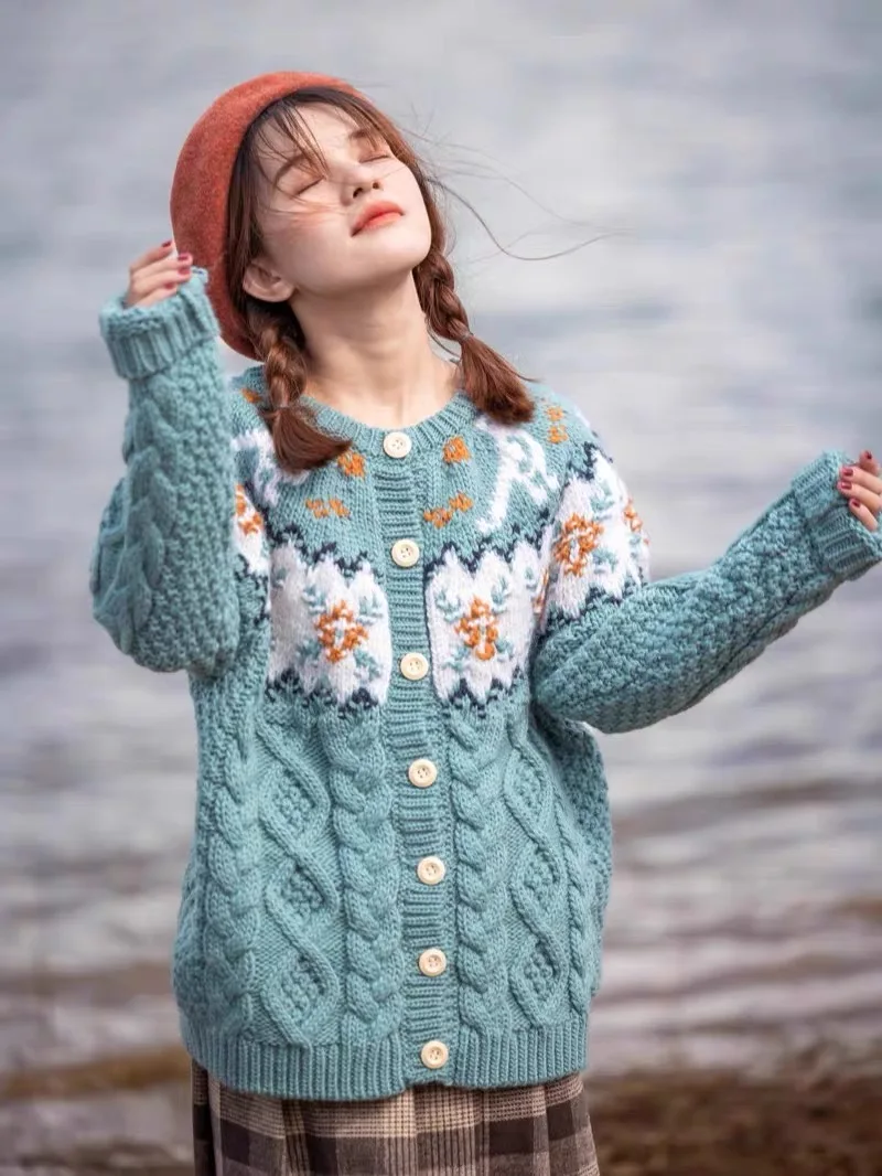 102cm Bust Autumn Winter Women Fair Isle Icelandic Handknit Vintage Handmade Thick Warm 100% Wool Sweater Coat Cardigans