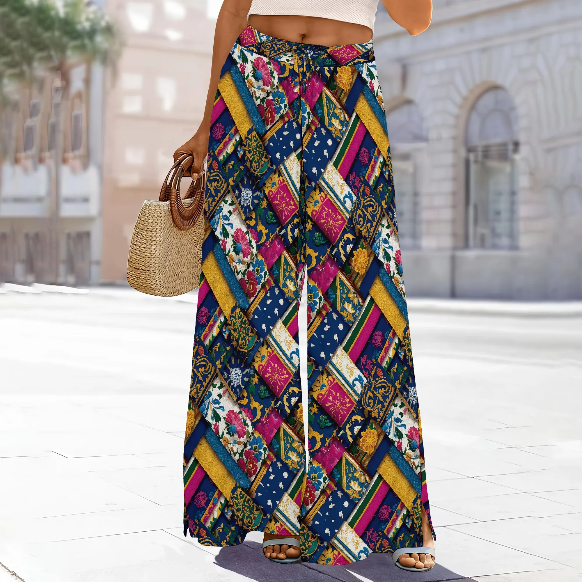 

Nupusa Patchwork Print Wide Leg Pants for Women Regular Size Summer Casual Pants