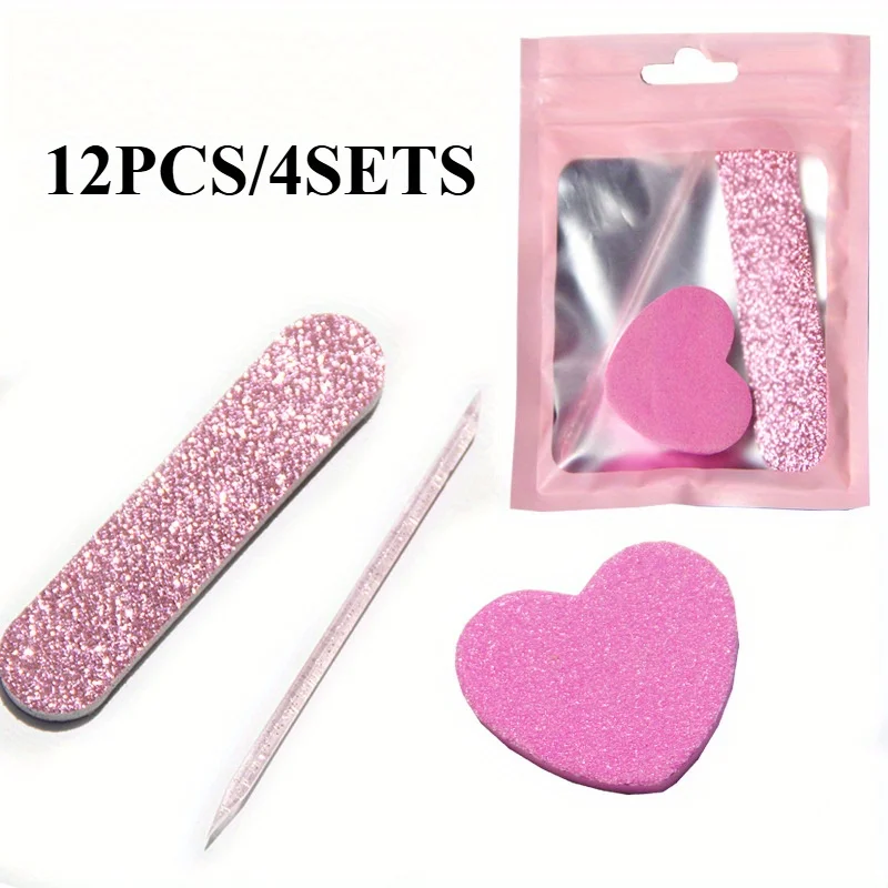 프레스온 네일 도구 세트 4개 - 크리스탈 파일, 하트 스펀지, 글리터 버퍼