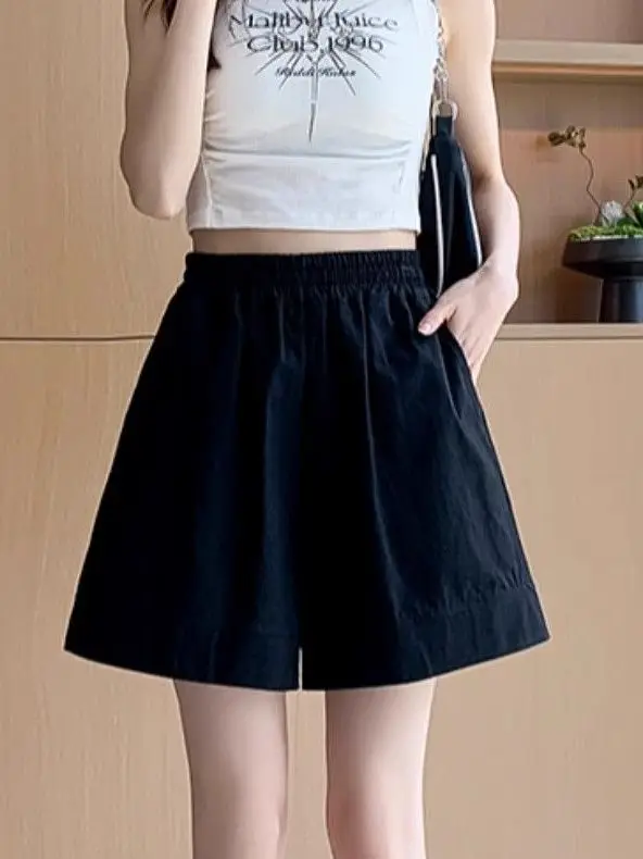 

Summer Sporty Wide Leg Short Pants Women's Elastic Waist Drawstring Hot Pants Five-Quarter Length Trendy Korean Style Commute