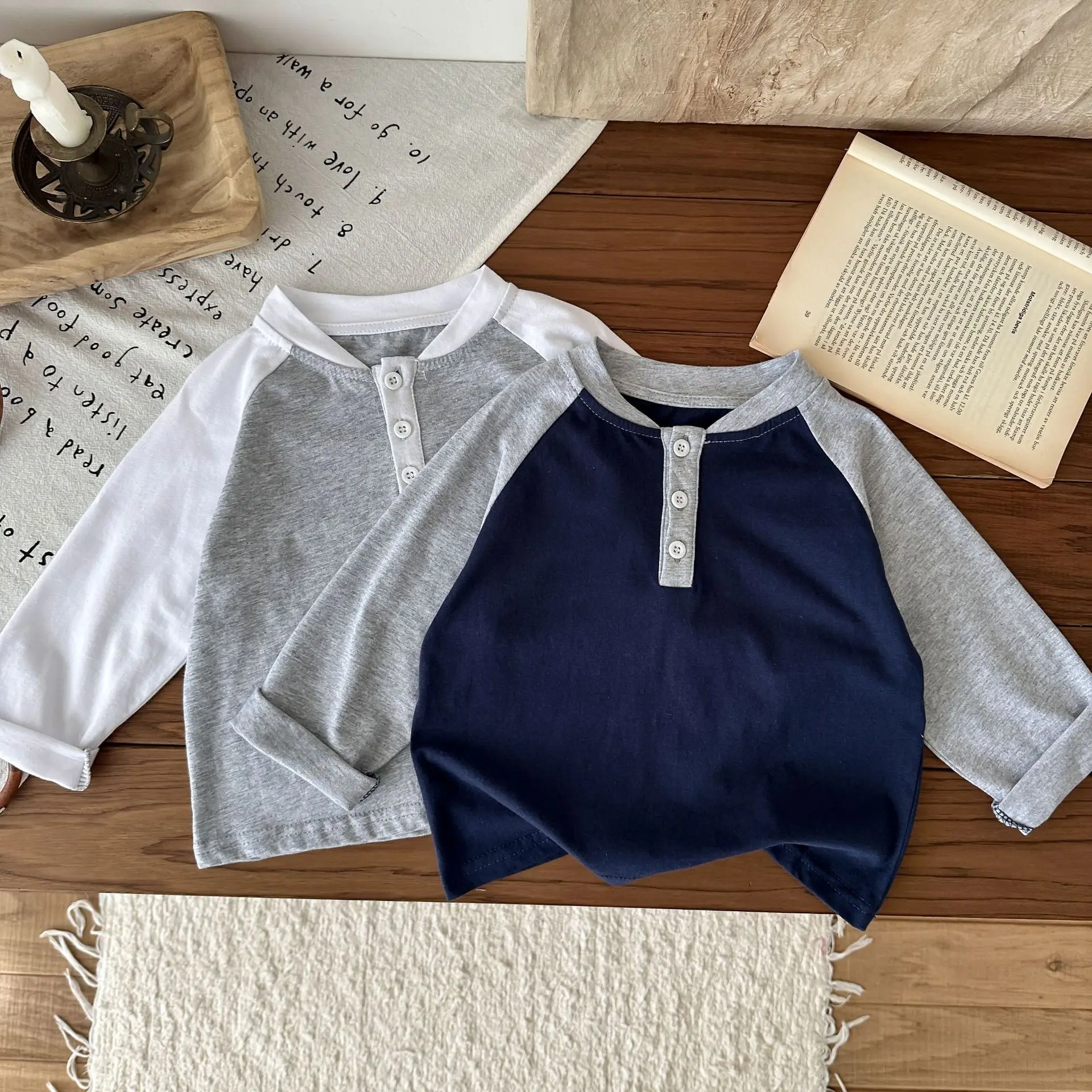2-7Y Kids Cotton Color Block Long Sleeve T-Shirt Korean Boys Girls Henley Neck Button Casual Basic Tee Children's Undershirt Top