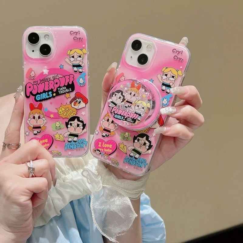 Cute Cartoon The Powerpuff Girls Magnetic Holder Magsafe Wireless Charge Phone Case For iPhone 15 14 13 12 11 Pro Max Hard Cover