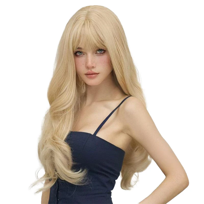 Venta de liquidación de pelucas sintéticas onduladas con flequillo dorado de 26 pulgadas, adecuadas para el cabello Natural diario, para fiestas y Halloween de las mujeres