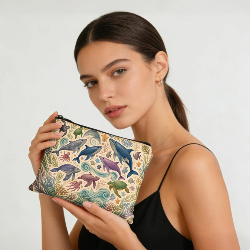 Dolphins Turtles Octopuses Waves Seaweed Makeup Bags for Girls Cosmetic Pouch Toiletry Bag Pencil Case Travel Storage