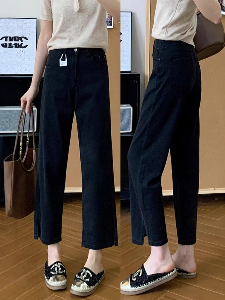 

Тонкие прямые джинсовые джинсы женские тонкие летние с высокой талией девять очков с разрезом для похудения брюки с французским хлебом повседневные брюки