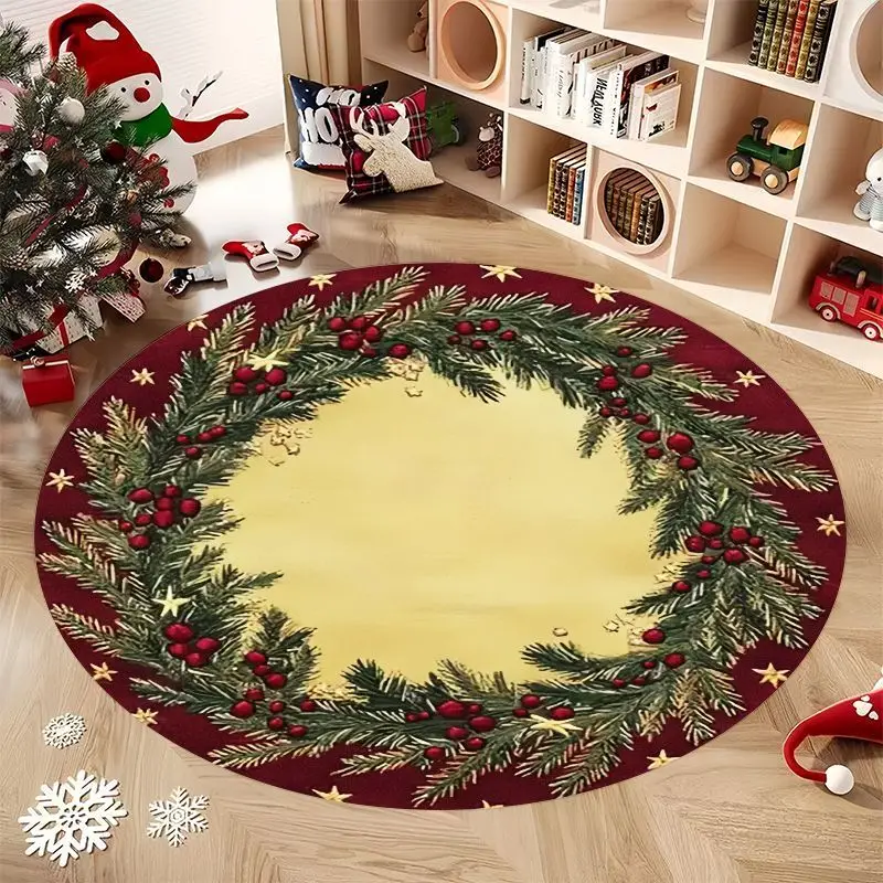 Christmas Wreath Round Rug Pine Needles Red Berries Gold Star Holiday Floor Area Carpet for Home Living Room Bedroom Decor