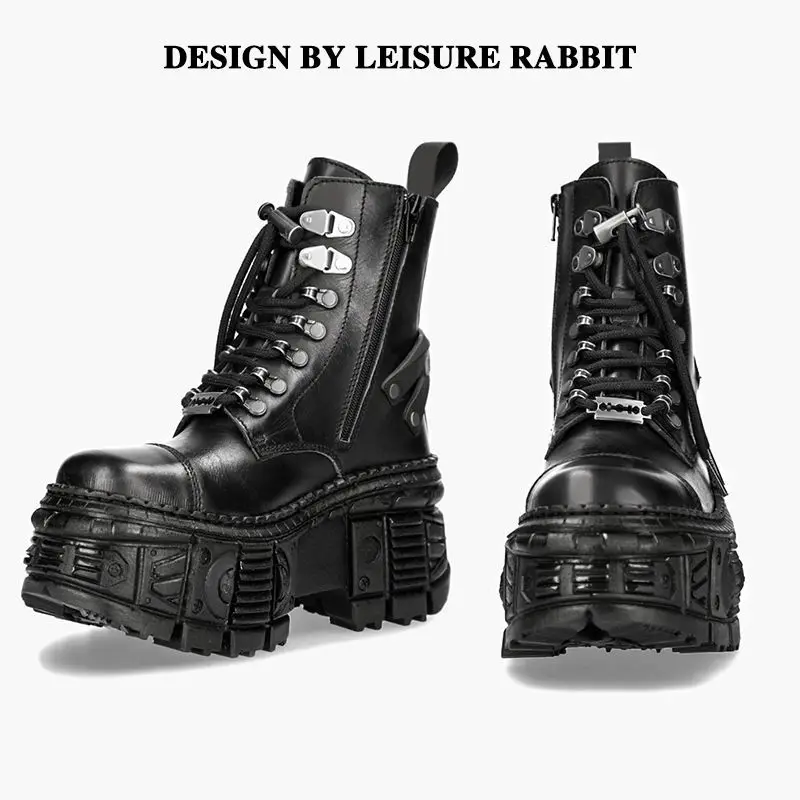 Men's Genuine Leather Motorcycle Boots Skull Goth Punk Riding Boots Combat Mid-calf Boots Work Shoes Metal Decoration Women