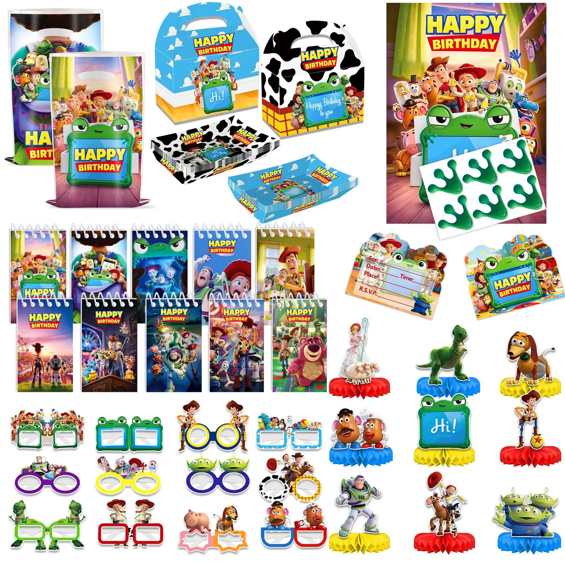 2026 Toy Story Geburtstagsparty-Dekorationsset Buzz Woody Themen-Zubehör mit Snackboxen, Waben-Einladungskarten, Süßigkeitentüten