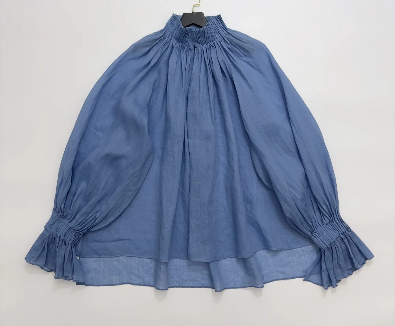 Women's Blue Micro Transparent Top High Collar Long Sleeve Loose Ladies Top
