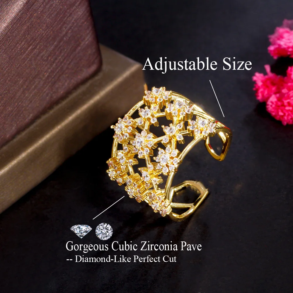 CWWZircons Adjustable White Gold Plated Cubic Zirconia Cluster Flower Hollow Out Big Wide Bridal Wedding Rings for Women R224