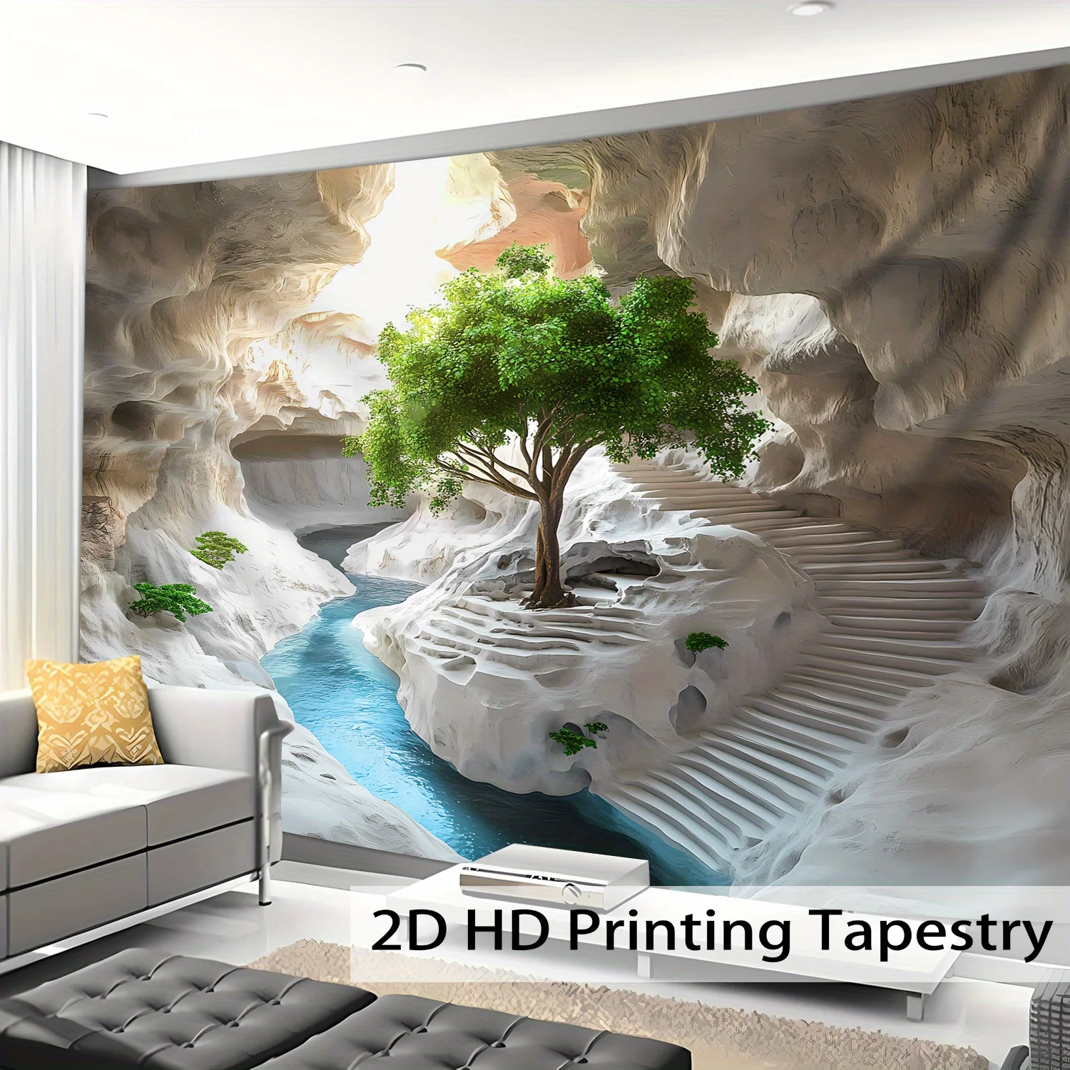 Serene Cave Landscape with Staircase & River Tapestry, HD Digital Print Nature Wall Decor for Home and Office Backdrop