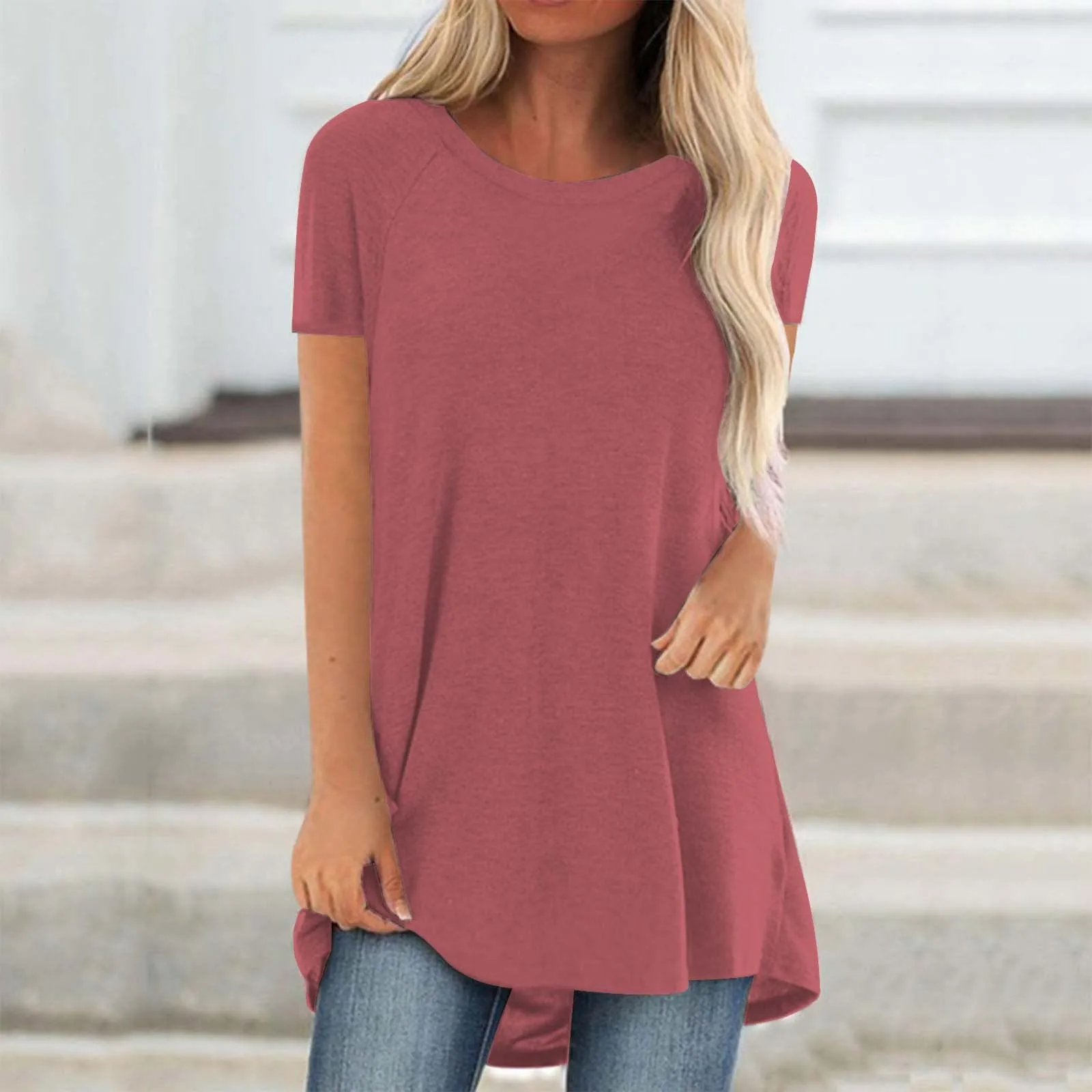 Plus Size 2024 New Women\'s Tunic Soild Fashion Long Shirts Round Neck Short Sleeve Casual Blouses Summer Women Clothing Blouse