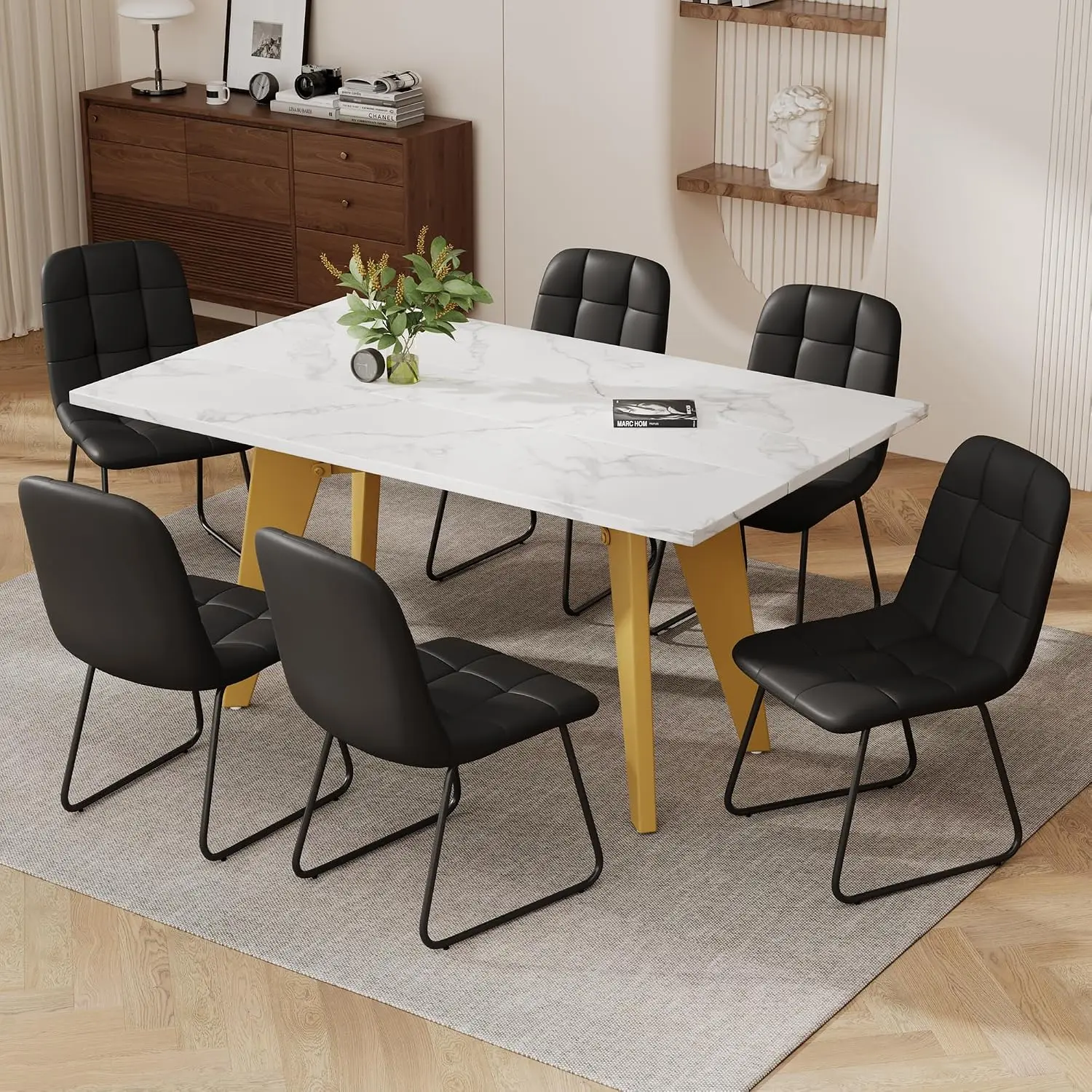 Modern 6-Piece Dining Table Set for 6, 63-Inch Faux Marble MDF Table with Gold Metal Legs and PU Leather Chairs,, Customized