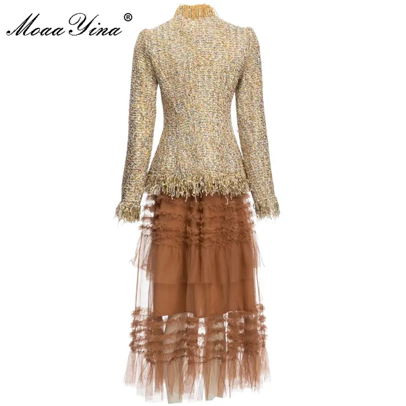 MoaaYina Designer Autumn Winter Skirts Suit Women Vintage Luxury Beading Long Sleeve Tassel Tweed Coat + Mesh Skirt 2 Pieces Set