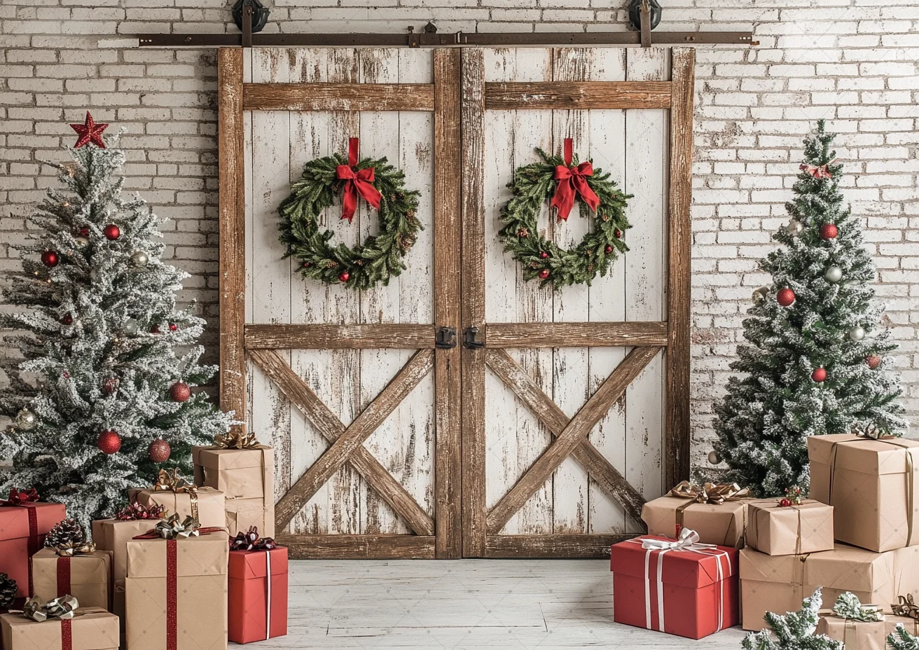 

Photography Background Christmas Gingerbread Wood Door Gifts Xmas Tree Kids Family Portrait Decor Backdrop Photo Studio