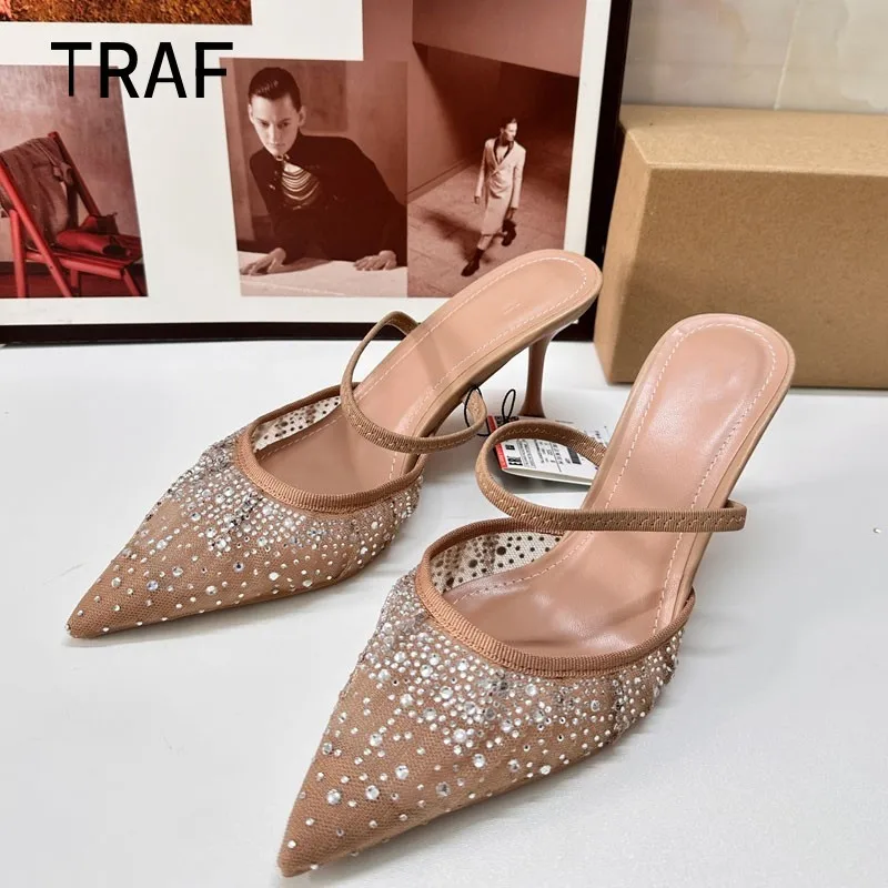 

TRAF 2024 Women Sandals Summer Elegant Slingbacks Pointed toe Heeled Fashion Mesh Rhinestone Woman Pumps Chic Party Lady Shoes