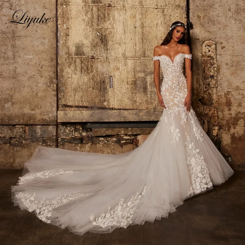 Liyuke Fabulous Tulle Sweetheart Mermaid Wedding Dresses Long Train Beading 3D Appliques Embroidery  Elegant Bridal Gowns