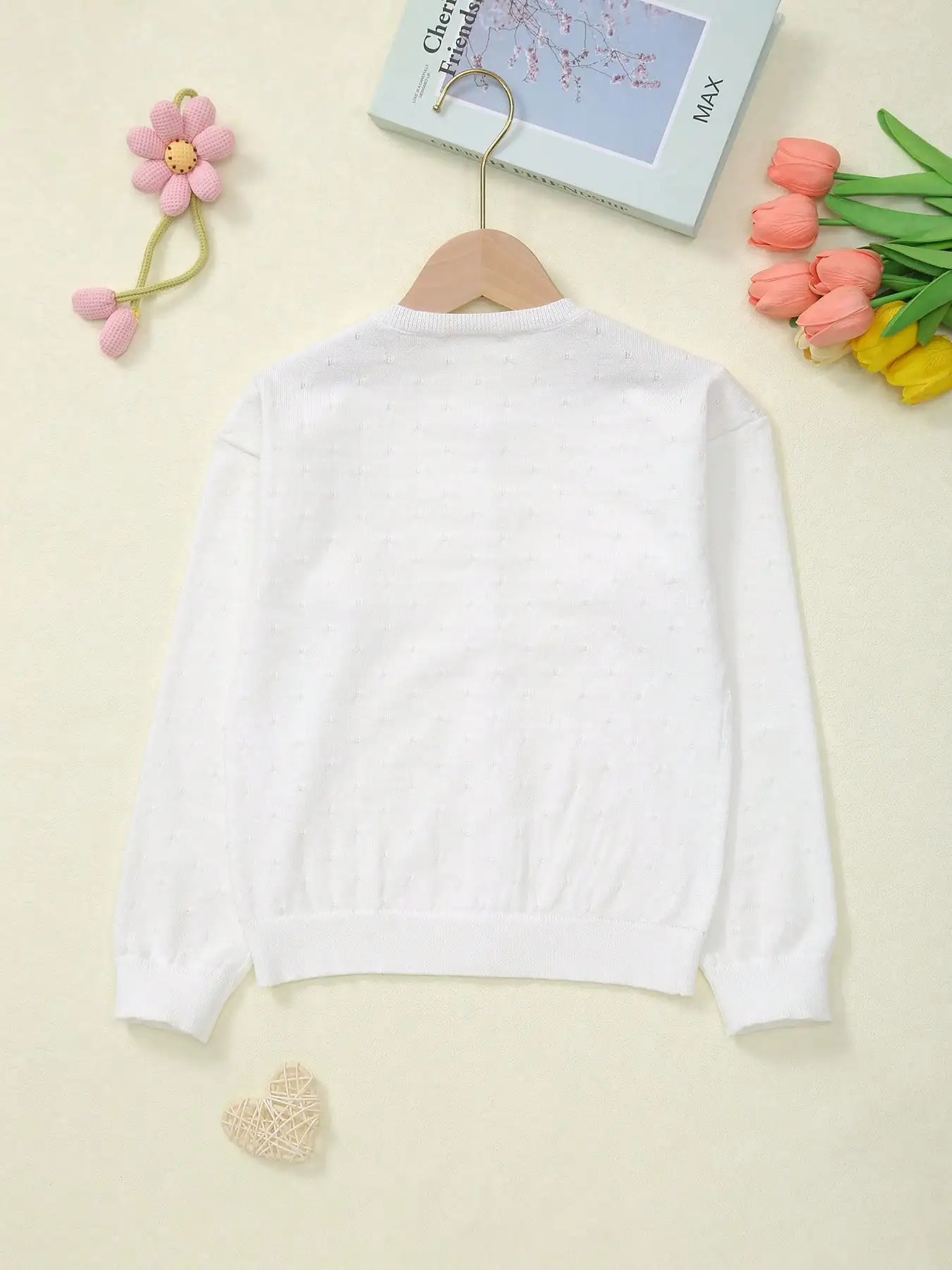 Girls' Spring and Summer Solid Color Thin Long-Sleeve Floral Knit Cardigan Buttoned Coat Cape
